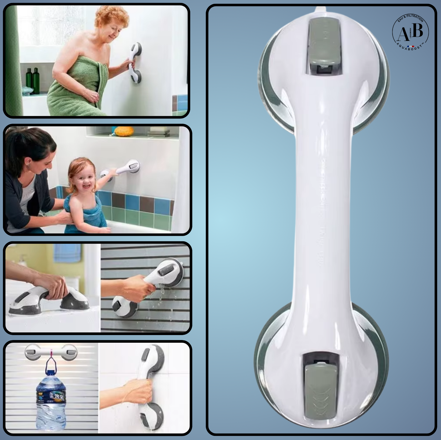 SécuriGrip™ – Poignée de maintien & sécurité à ventouse pour douche, salle de bain et wc