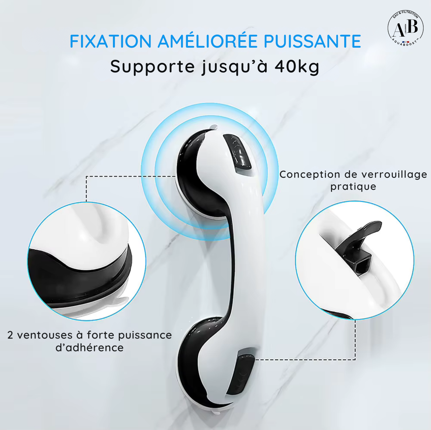 SécuriGrip™ – Poignée de maintien & sécurité à ventouse pour douche, salle de bain et wc